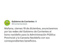 El Gobierno de Corrientes dará a conocer este viernes el Bono Navideño y la Canasta Navideña